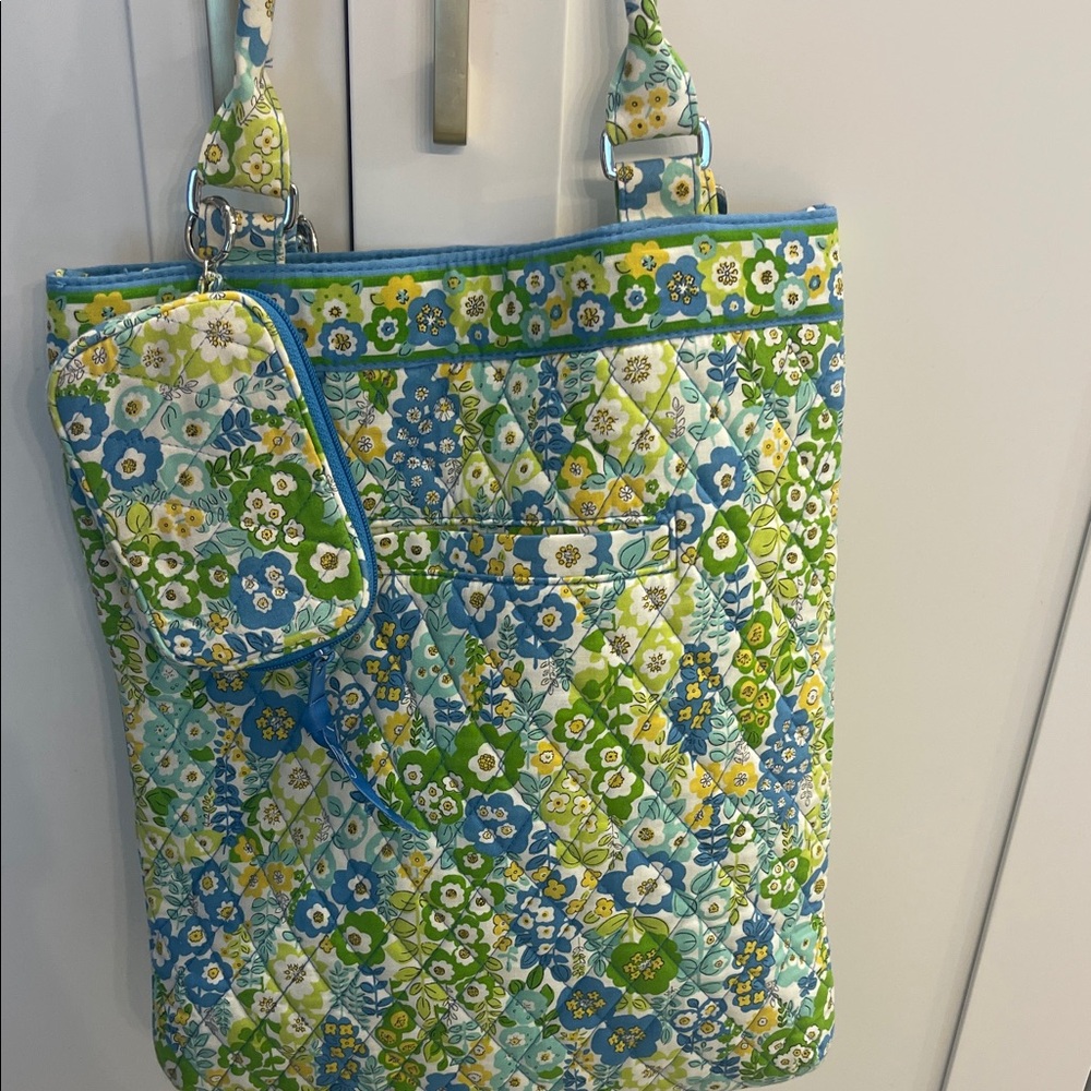 Vera Bradley Blue, Green & Yellow Quilted Floral Tote with Zip Pouch. EUC
